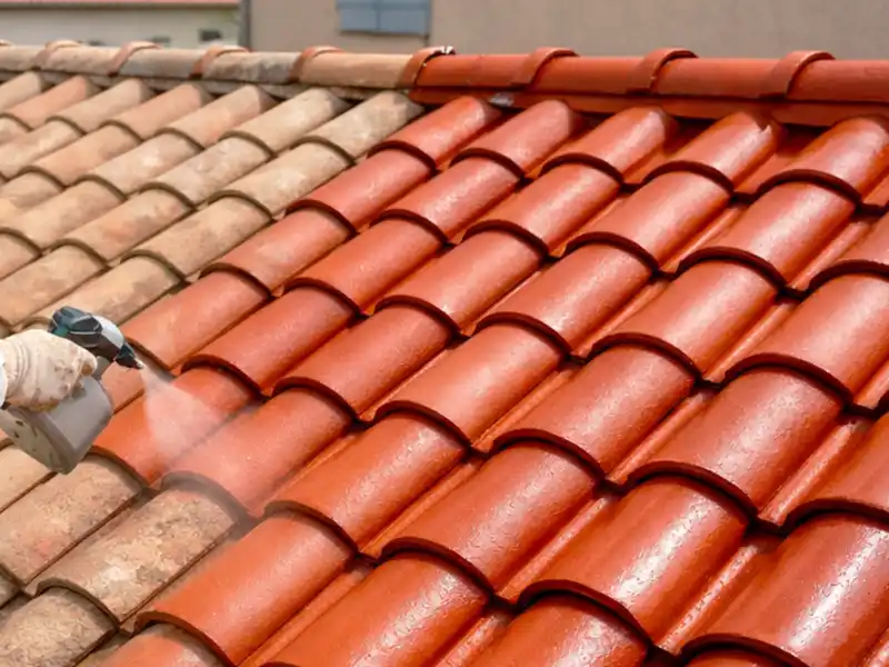 Application peinture sur tuile - Couverture 34 Une personne effectue une application de peinture sur tuile, en pulvérisant une couche protectrice sur des tuiles en terre cuite rouge, ce qui leur donne un aspect brillant et éclatant par rapport aux tuiles adjacentes ternes et non traitées.