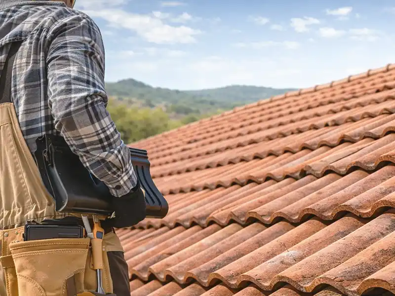 Avantages réparation de toiture - Couverture 34 Un ouvrier en bleu de travail et gants se tient sur un toit en tuiles, tenant une tuile et des outils, engagé dans la réparation de toiture, avec des collines vertes visibles en arrière-plan sous un ciel partiellement nuageux.