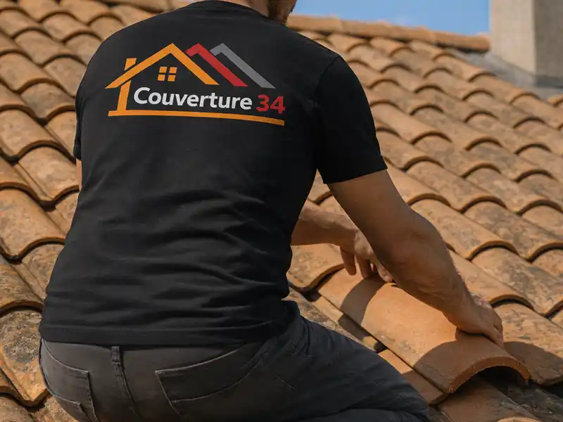 Couvreur 34 - Couverture 34 -Hérault Un couvreur de Couverture 34, portant un t-shirt de la marque, pose des tuiles courbes en terre cuite sur un toit en pente sous un ciel bleu.