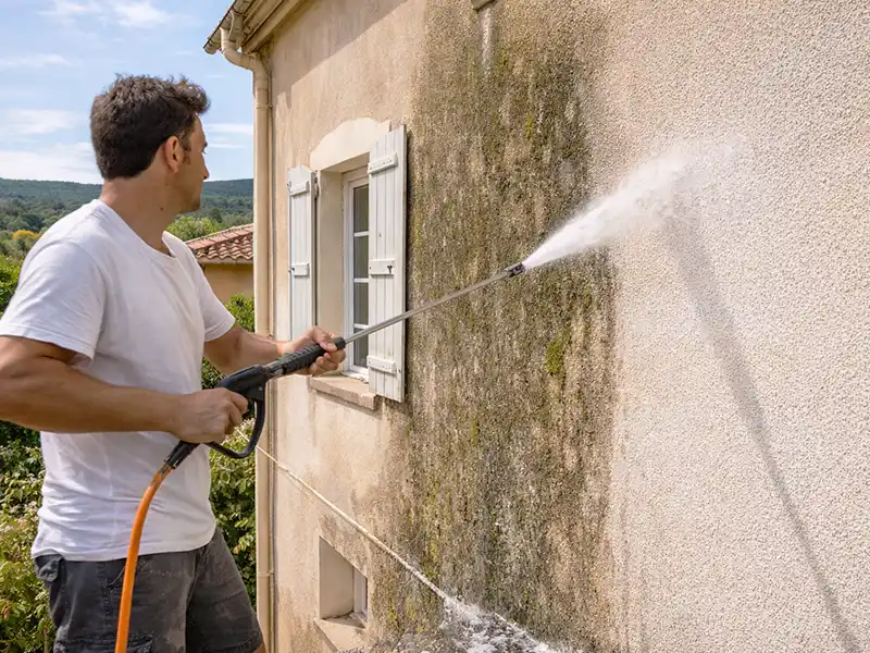 Un homme portant un t-shirt blanc utilise un nettoyeur &agrave; pression pour le nettoyage de fa&ccedil;ade, enlevant les moisissures sur le c&ocirc;t&eacute; d'une maison beige pr&egrave;s d'une fen&ecirc;tre.