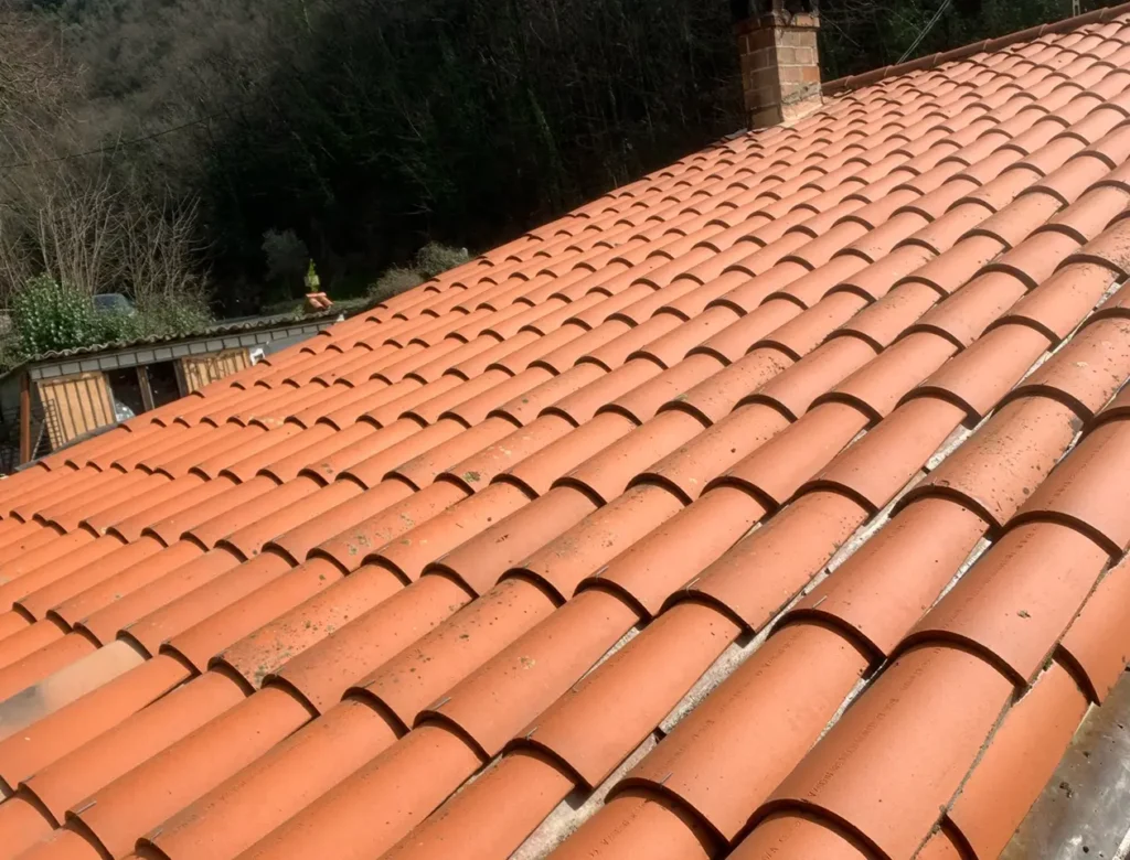 Un toit en pente recouvert de rangées de tuiles en terre cuite rouge-orange, situé à l'extérieur près d'une zone boisée avec des arbres et une cheminée en arrière-plan, montre un toit propre.