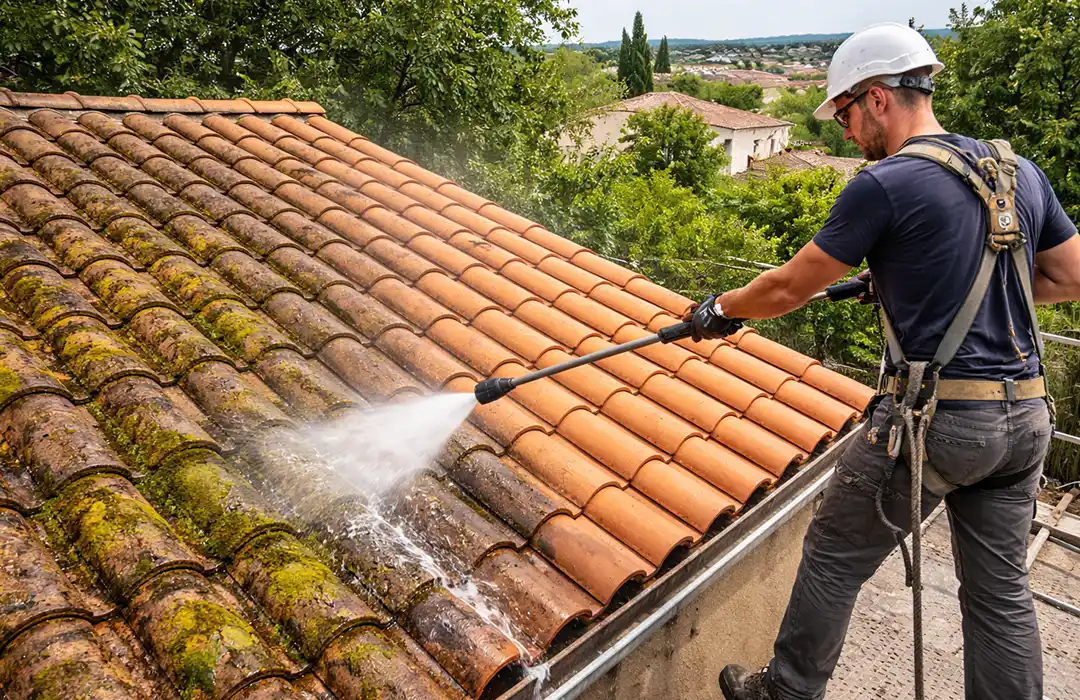 Un ouvrier portant un équipement de sécurité utilise un nettoyeur à pression pour le nettoyage de toiture, enlevant la mousse et la saleté d'un toit en tuiles, avec des arbres et des maisons visibles à l'arrière-plan.