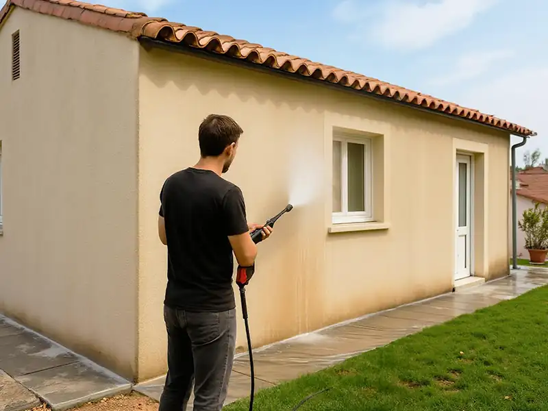 Nettoyage façade à haute pression sous le soleil Une personne en chemise noire utilise un nettoyeur haute pression pour un nettoyage façade à haute pression, nettoyant le mur extérieur d'une maison beige avec un toit en tuiles, tout en se tenant sur un chemin à côté de l'herbe verte.