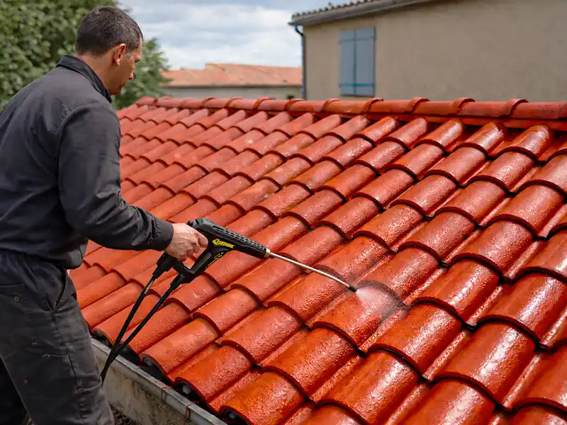 Nettoyage hydrofuge après peinture de toit - Couverture 34 Une personne vêtue de vêtements sombres utilise un nettoyeur à pression pour nettoyer les tuiles d'argile rouge d'une maison, effectuant un nettoyage hydrofuge après peinture de toit. De l'eau est pulvérisée sur les tuiles, avec un bâtiment beige et de la verdure en arrière-plan.