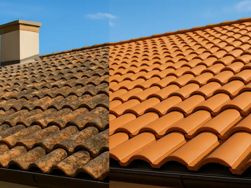 Nettoyage toiture avant après - Renovation Sud Un toit en tuiles est représenté divisé en deux ; le côté gauche montre des tuiles usées par les intempéries et pleines de saletés, tandis que le côté droit met en évidence des tuiles orange vif après un nettoyage de toiture réalisé près de Montpellier, le tout sous un ciel bleu clair.