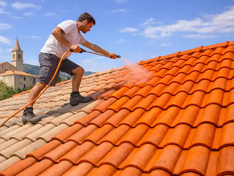 Peindre une toiture dans le 34 Un homme debout sur un toit de tuiles pulvérise de la peinture sur les tuiles orange vif sous un ciel bleu, avec une église et un village visibles à l'arrière-plan.