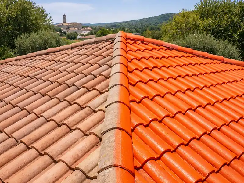 Un toit montrant deux faces : l'une avec des tuiles en terre cuite alt&eacute;r&eacute;es et d&eacute;lav&eacute;es &agrave; gauche et l'autre transform&eacute;e par la peinture des tuiles d'une toiture en tuiles orange claires et nettes &agrave; droite. Des arbres et un village avec une &eacute;glise sont visibles &agrave; l'arri&egrave;re-plan.