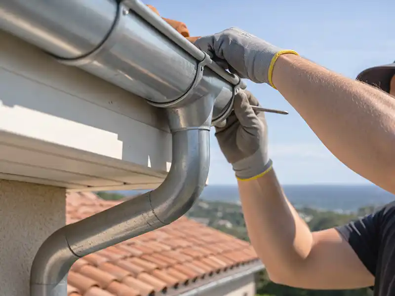 Pose et réparation de gouttière - Couverture 34 Personne portant des gants effectuant la pose et réparation de gouttière en métal sur le bord du toit d'une maison, avec une vue sur les toits et le paysage en arrière-plan.