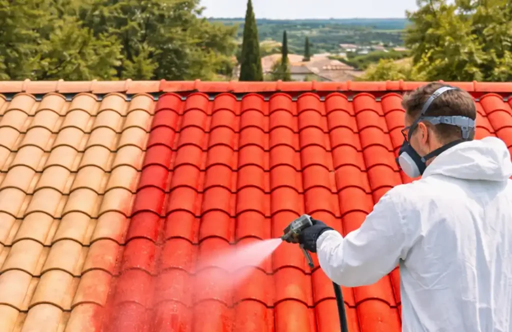 Pourquoi peindre son toit dans le 34 Une personne en tenue de protection utilise un nettoyeur à pression pour nettoyer les tuiles rouges, ce qui les rend plus lumineuses et plus vivantes - une étape essentielle avant de décider de peindre son toit. Des arbres et un paysage lointain sont visibles à l'arrière-plan.