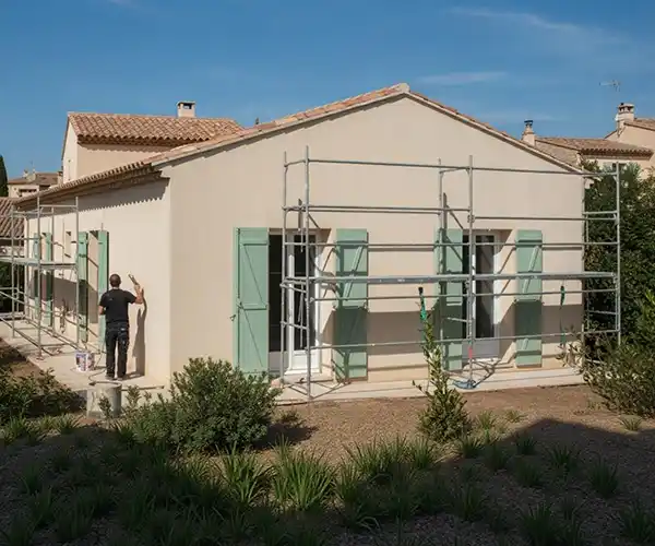 Ravalement de façade à Lunel - Couverture 34 Une personne se tient au sol pour peindre le mur extérieur d'une maison claire aux volets verts lors d'un ravalement de façade près de Lunel. Des échafaudages sont installés, des plantes sont visibles au premier plan, le ciel est clair et bleu.