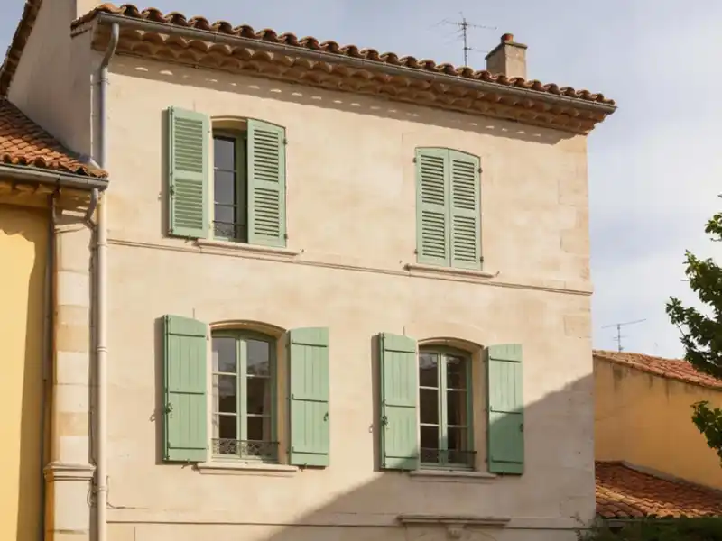 Ravalement de facade batiment près de Montpellier - Couverture 34 Une maison en stuc beige avec un toit en tuiles et quatre fenêtres, chacune avec des volets vert pâle, présente un récent ravalement de façade d'un batiment. La lumière du soleil projette des ombres douces lorsque les deux fenêtres du bas sont ouvertes et que les volets du haut sont fermés.