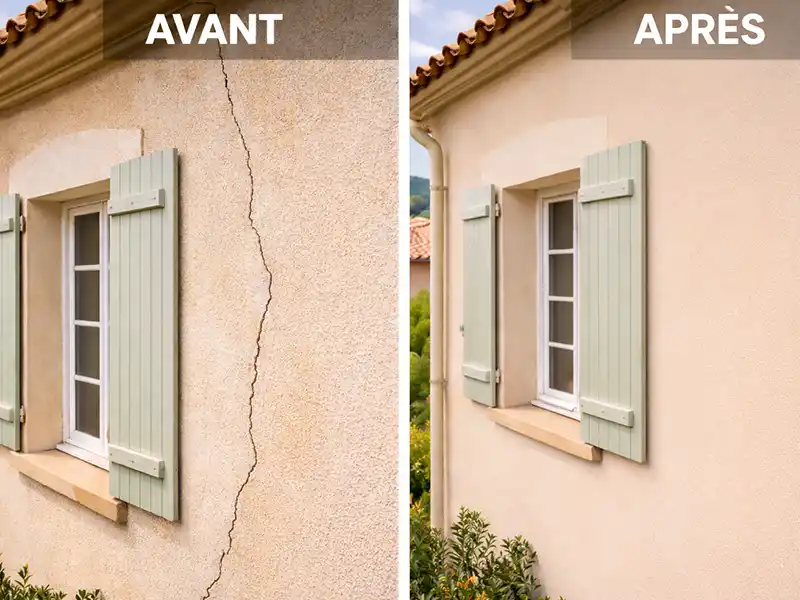 Image fractionn&eacute;e d'un mur de maison : la partie gauche &eacute;tiquet&eacute;e AVANT montre une grande fissure, tandis que la partie droite &eacute;tiquet&eacute;e APR&Egrave;S montre le mur lisse apr&egrave;s rebouchage de fissure, avec des volets de fen&ecirc;tre verts des deux c&ocirc;t&eacute;s.