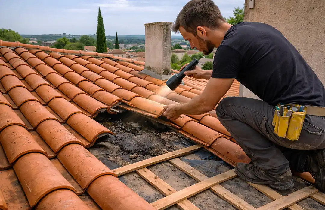 Un homme en tenue de travail répare un toit de tuiles rouges au cours d'une recherche de fuite de toiture, en utilisant une lampe de poche pour inspecter les dégâts. Il est agenouillé, tenant une planche de bois, avec des outils dans sa pochette de ceinture et des tuiles soulevées pour exposer la sous-couche noire en dessous.