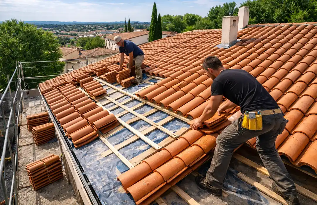 Deux ouvriers posent des tuiles en terre cuite rouge en rangées bien ordonnées sur des lattes en bois, dans le cadre d'une rénovation de toiture dans le département 34. Des arbres et une ville sont visibles à l'arrière-plan par une journée ensoleillée.