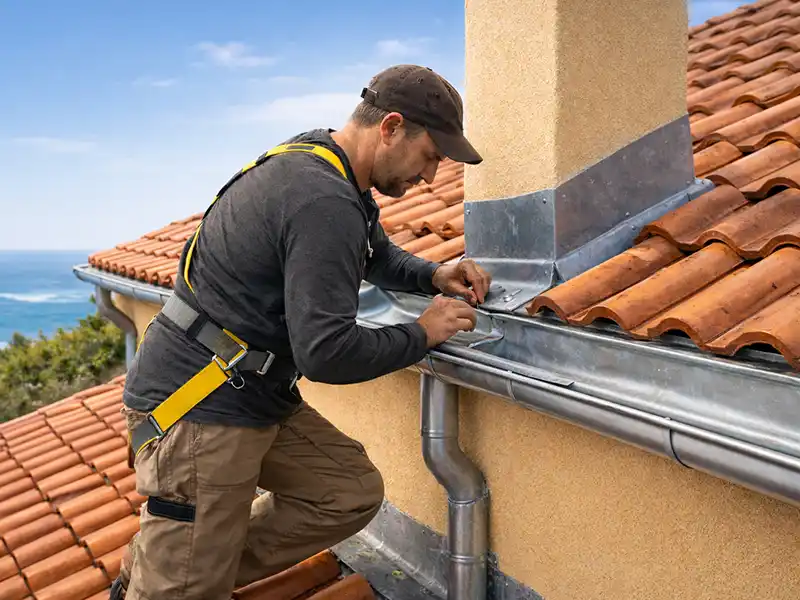 Rénovation de zinguerie dans le département 34 Un ouvrier portant un harnais de sécurité inspecte ou répare un solin métallique lors d'une rénovation de zinguerie sur le toit d'un bâtiment à toiture en tuiles près de l'océan, sous un ciel bleu.