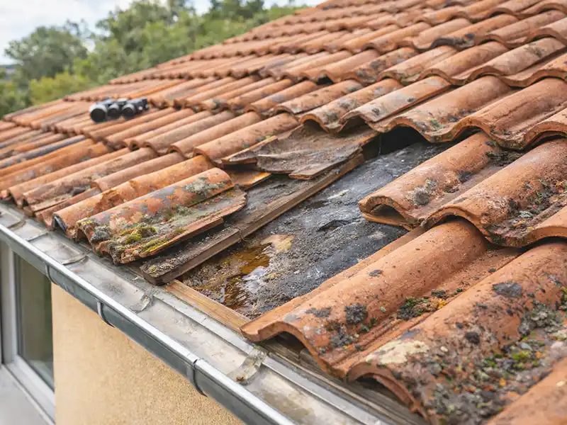 Rénover sa toiture dans le 34 Des tuiles en terre cuite endommagées, des mousses, des moisissures et des dégâts des eaux visibles sur une vieille maison soulignent l'urgence de rénover sa toiture. Les tuiles cassées et manquantes exposent le bois pourri en dessous.