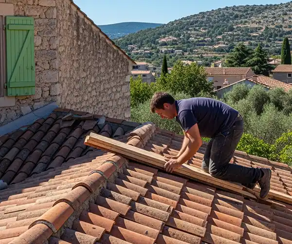 Réparation de toiture Gard et Hérault - Couverture 34 Un homme est agenouillé sur un toit de tuiles en terre cuite, mesurant avec une planche de bois par une journée ensoleillée - un exemple de réparation de toiture dans l'Hérault. Les maisons en pierre et les collines verdoyantes s'étendent à l'arrière-plan.