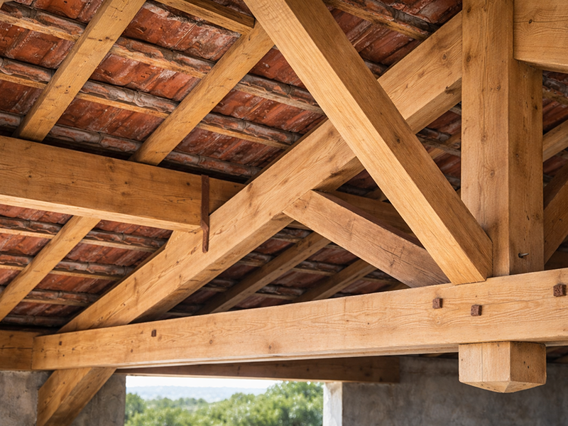 Traitement de charpente à Montpellier et dans le 34 Gros plan sur une structure de toit en bois avec des poutres apparentes et des tuiles en terre cuite rouge, mettant en évidence le travail artisanal et le traitement de charpente dans les joints des fermes. Les arbres et le ciel sont visibles à l'arrière-plan.