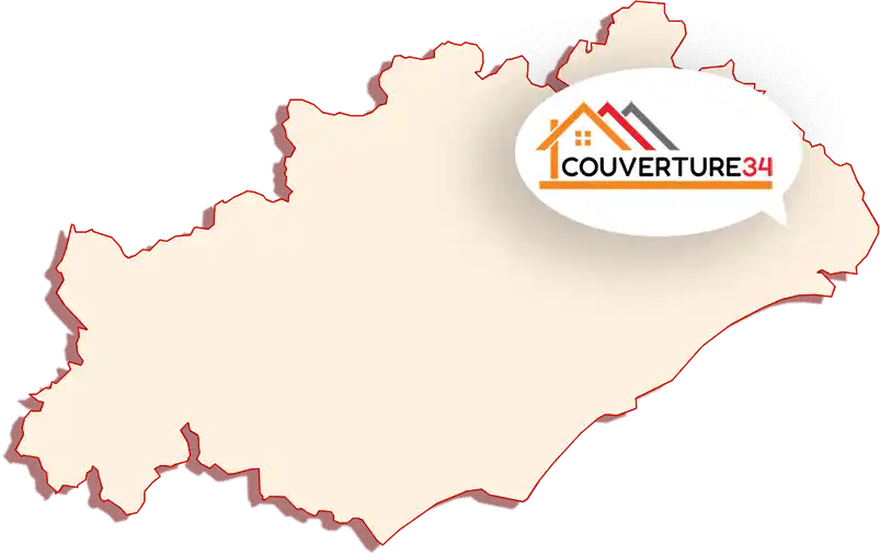 Zone intervervention couvreur 34 Un contour de carte beige avec des bordures rouges met en évidence la zone d'intervention dans l'Hérault de Couverture 34, avec une bulle d'information comportant un logo stylisé de toit de maison et le texte COUVERTURE34 en noir et rouge.